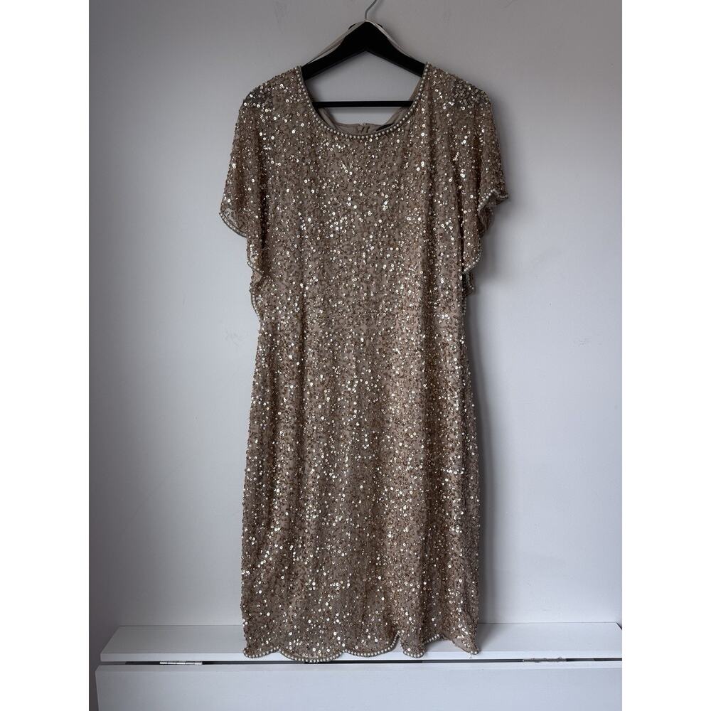 ADRIANNA PAPELL Sequin SHEATH ROSE GOLD FLUTTER SLEEVES COCKTAIL DRESS Size 14 - Picture 2 of 9